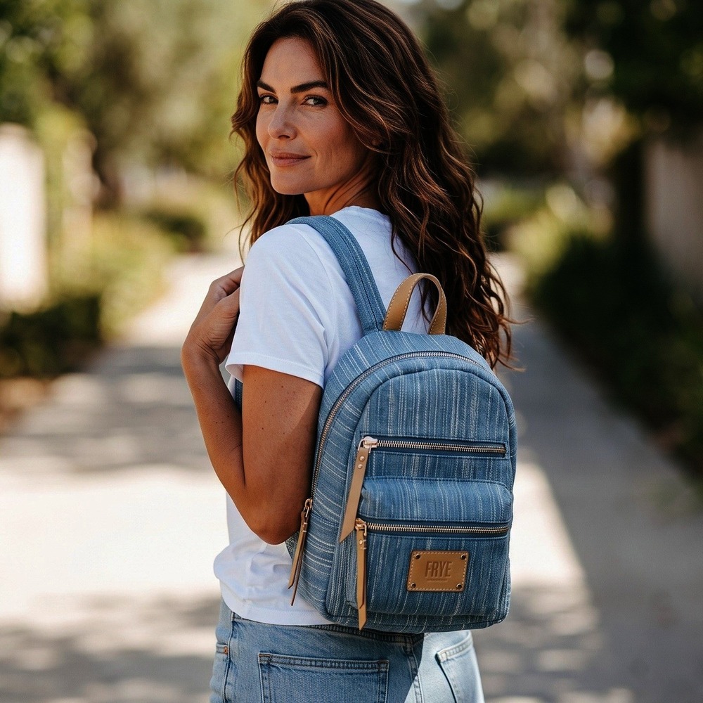 Frye Ivy Mini Backpack Denim Blue Woven Denim Leather Trim Striped Bag